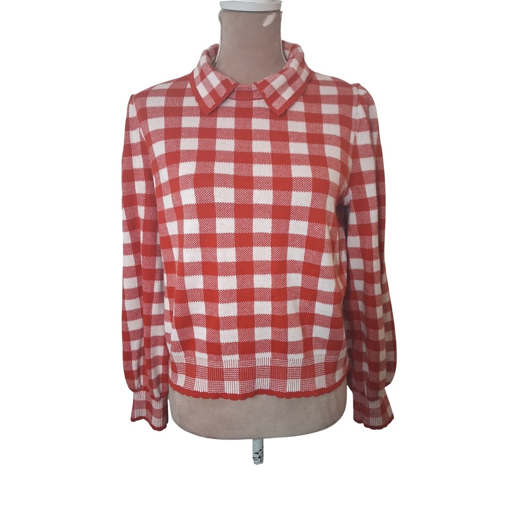 Free Assembly Womens Red White Gingham Collared Knit Sweater Large